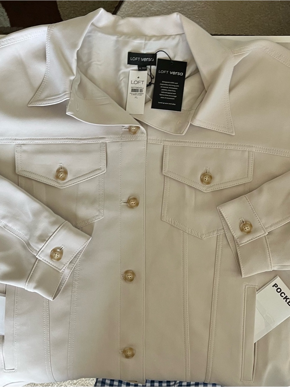 LOFT Versa White Clay Crepe Trucker Jacket with Button Front Over-Sized Fit
